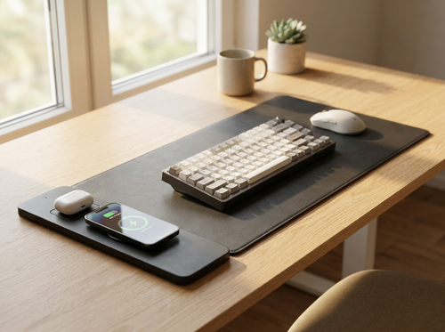 Baseplate desk mat in use with keyboard and mouse