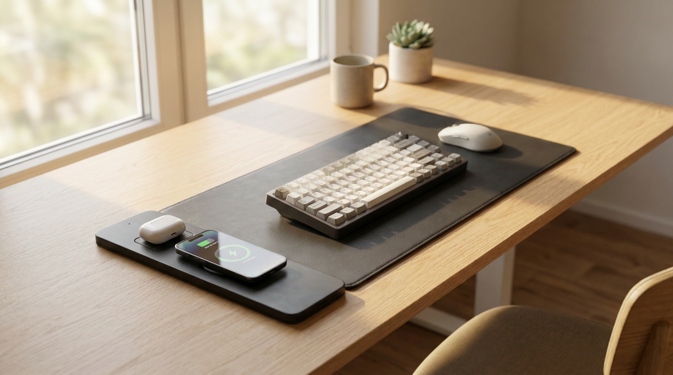 Baseplate charging desk mat on a wood desk with phone and earbuds charging